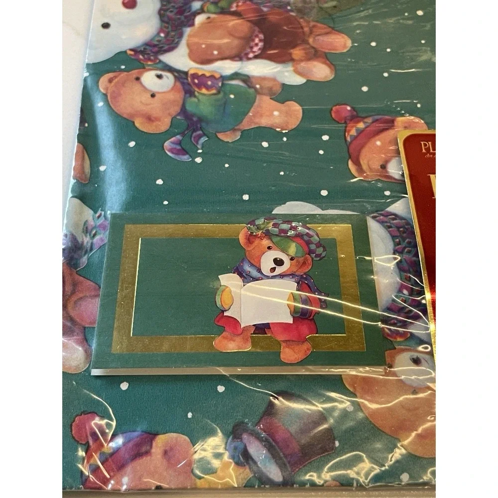 Vtg Christmas Holiday Wrapping Paper Teddy Bear Green Tag‎ 8.3 ft New NO BOW